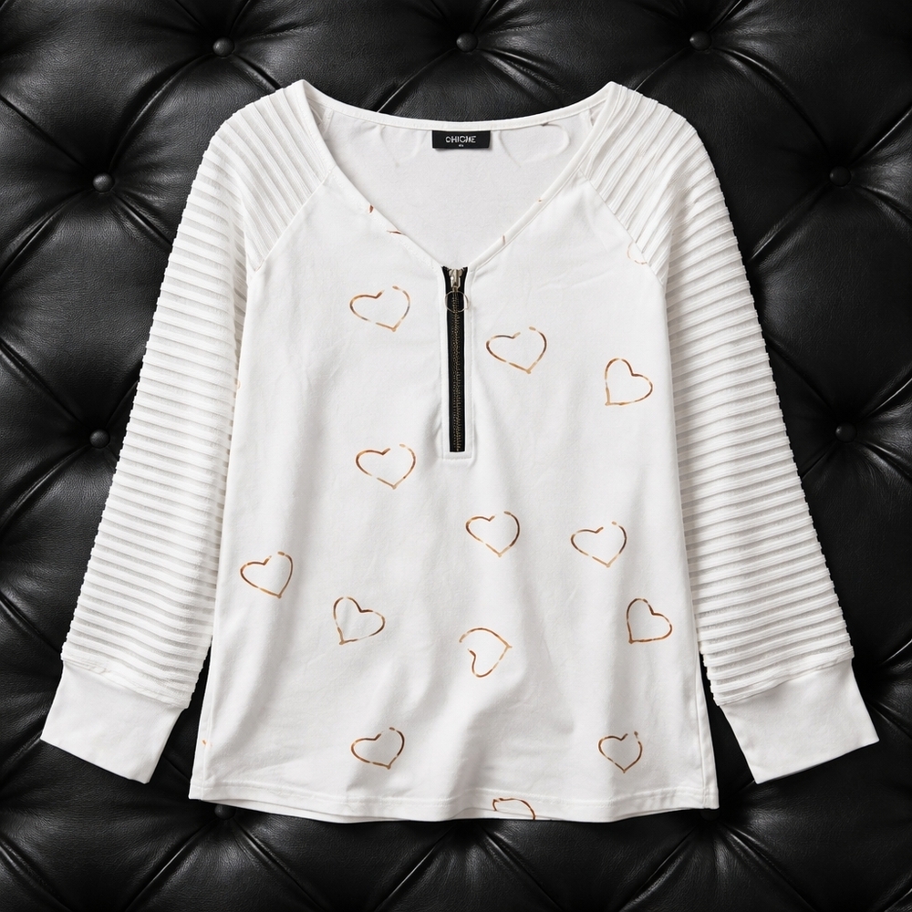 White and Gold Heart Long Sleeve Top V Neck EXLG - Picture 5 of 8